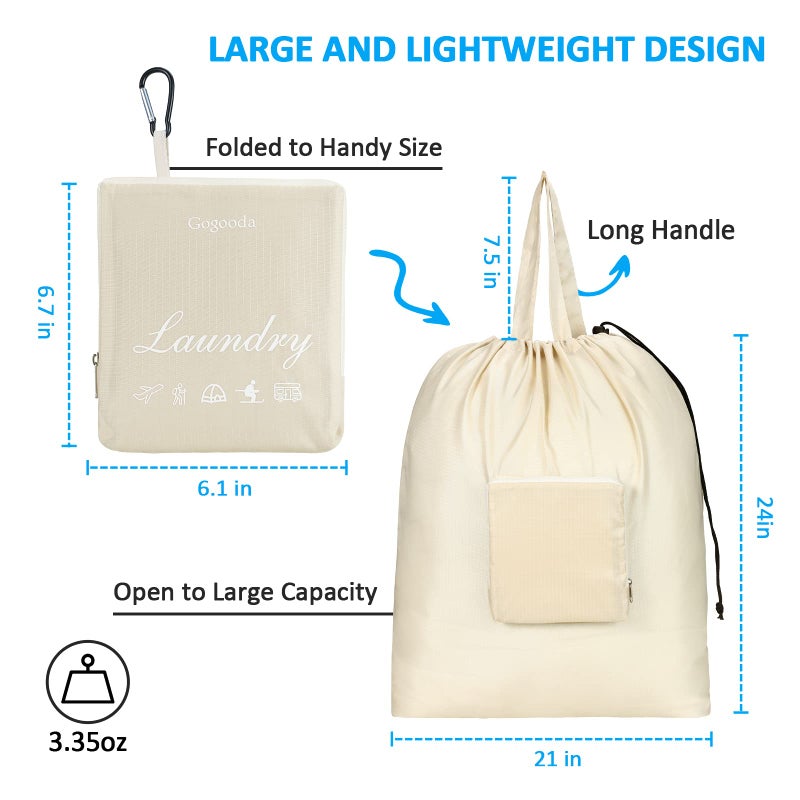 GOGOODA Travel Laundry Bags with Drawstring Closure XL Large Foldable Dirty Clothes bags with Handle Heavy Duty and Washable for College Dorm Travelling Camping, 2 Pack, Beige - Image 4